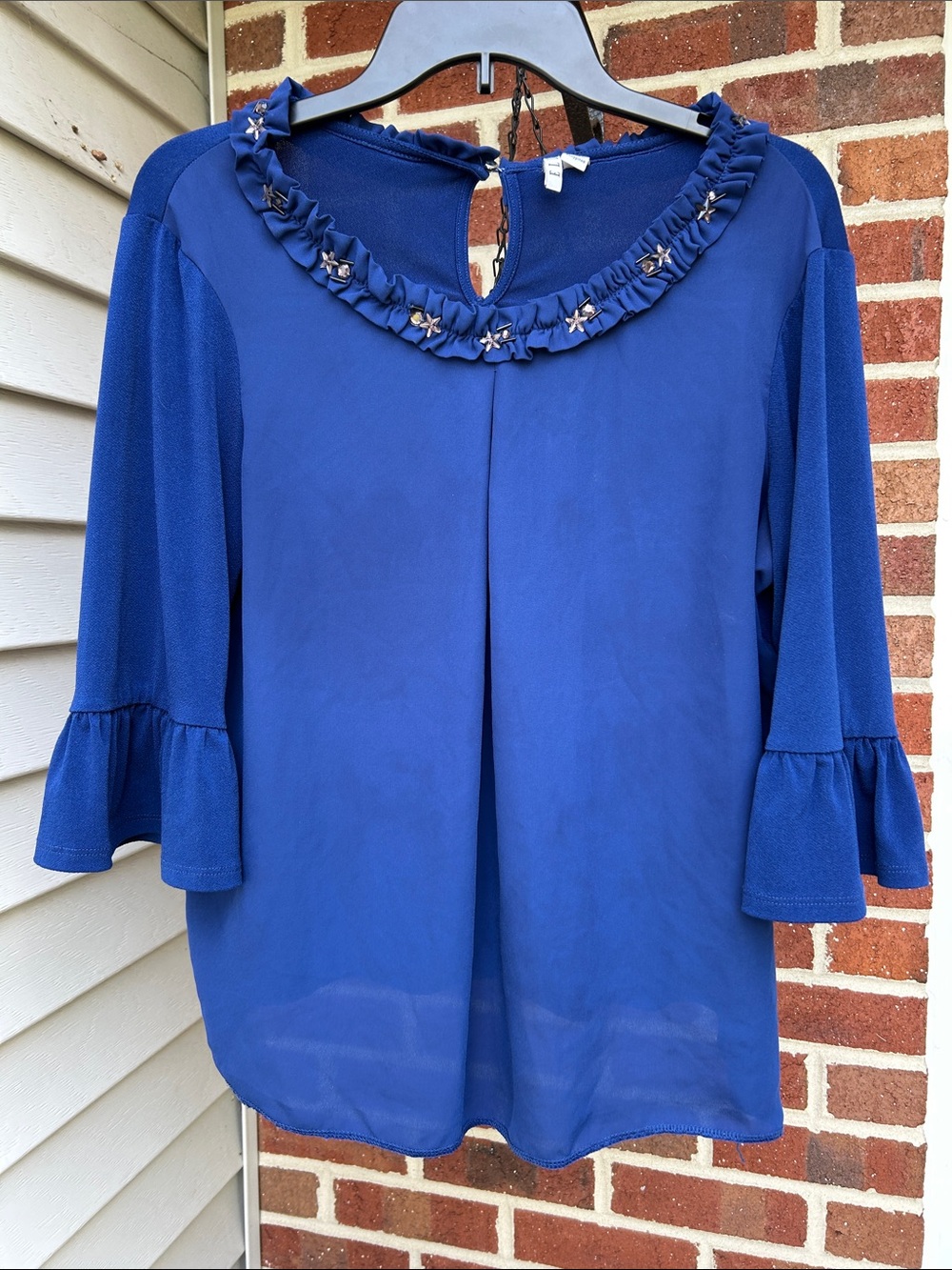 Women's Ruffled Jewel-Neck Blouse - Blue women’s size medium